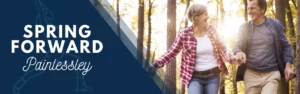 header image with people walking in spring weather with wording - spring forward painless.