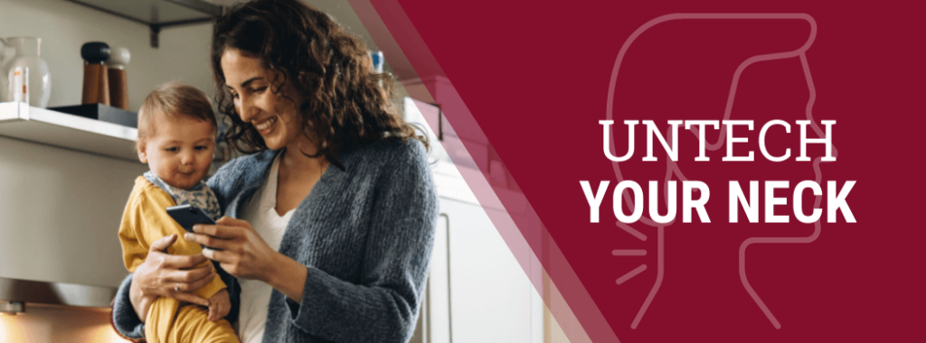 healthquest header image with woman holding child on her phone with neck pain