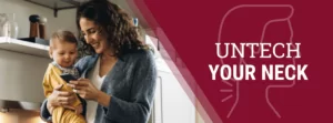 healthquest header image with woman holding child on her phone with neck pain